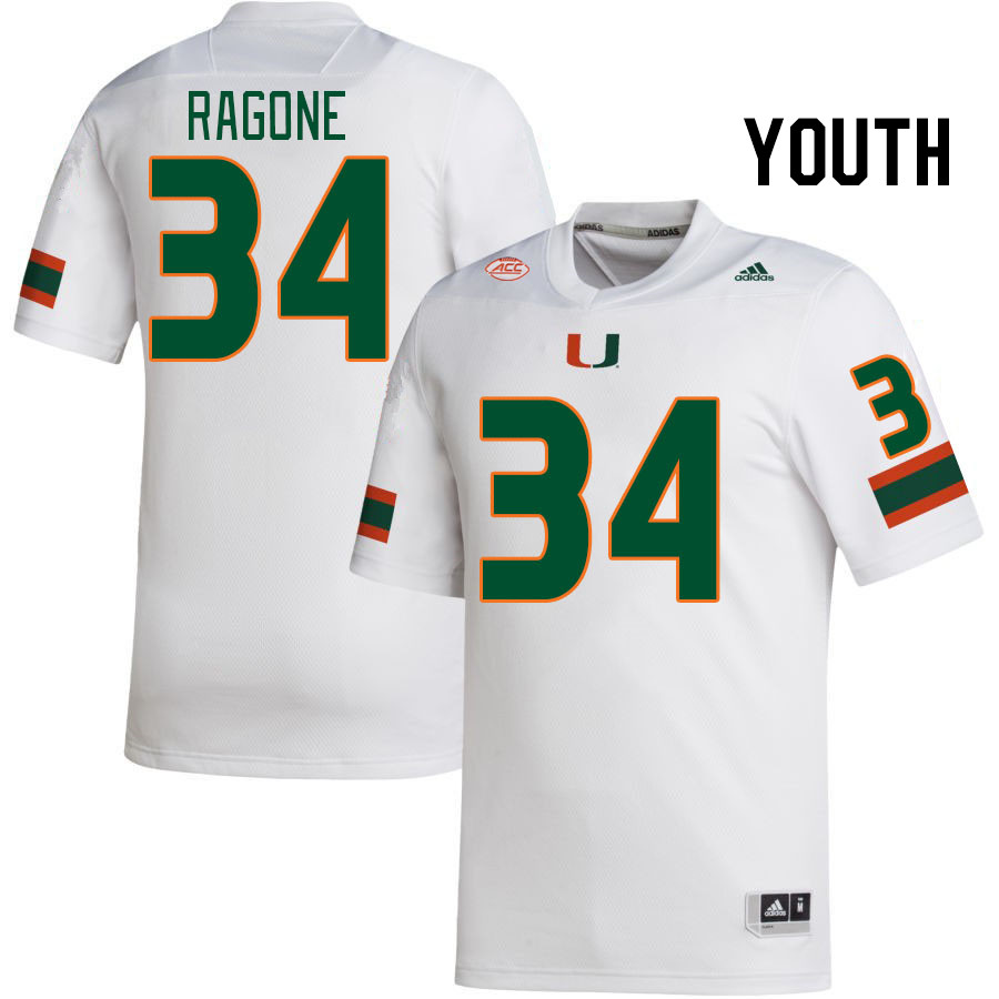 Youth #34 Ryan Ragone Miami Hurricanes College Football Jerseys Stitched-White - Click Image to Close